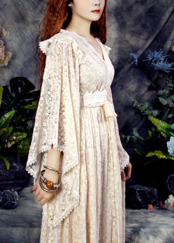 Apricot V Neck Hollow Out Lace Vacation Cinch Dresses Spring
