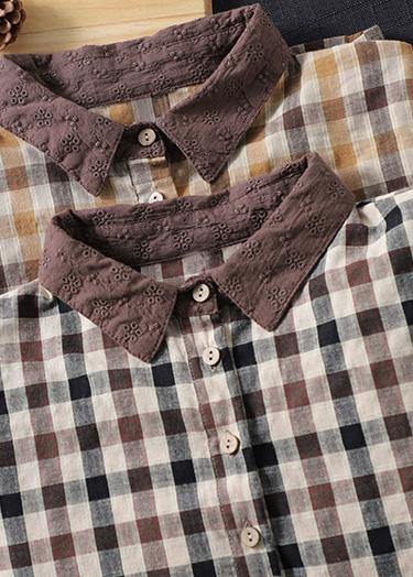 Style Chocolate Plaid Shirts Lapel Patchwork Vestidos De Lino Spring Shirts