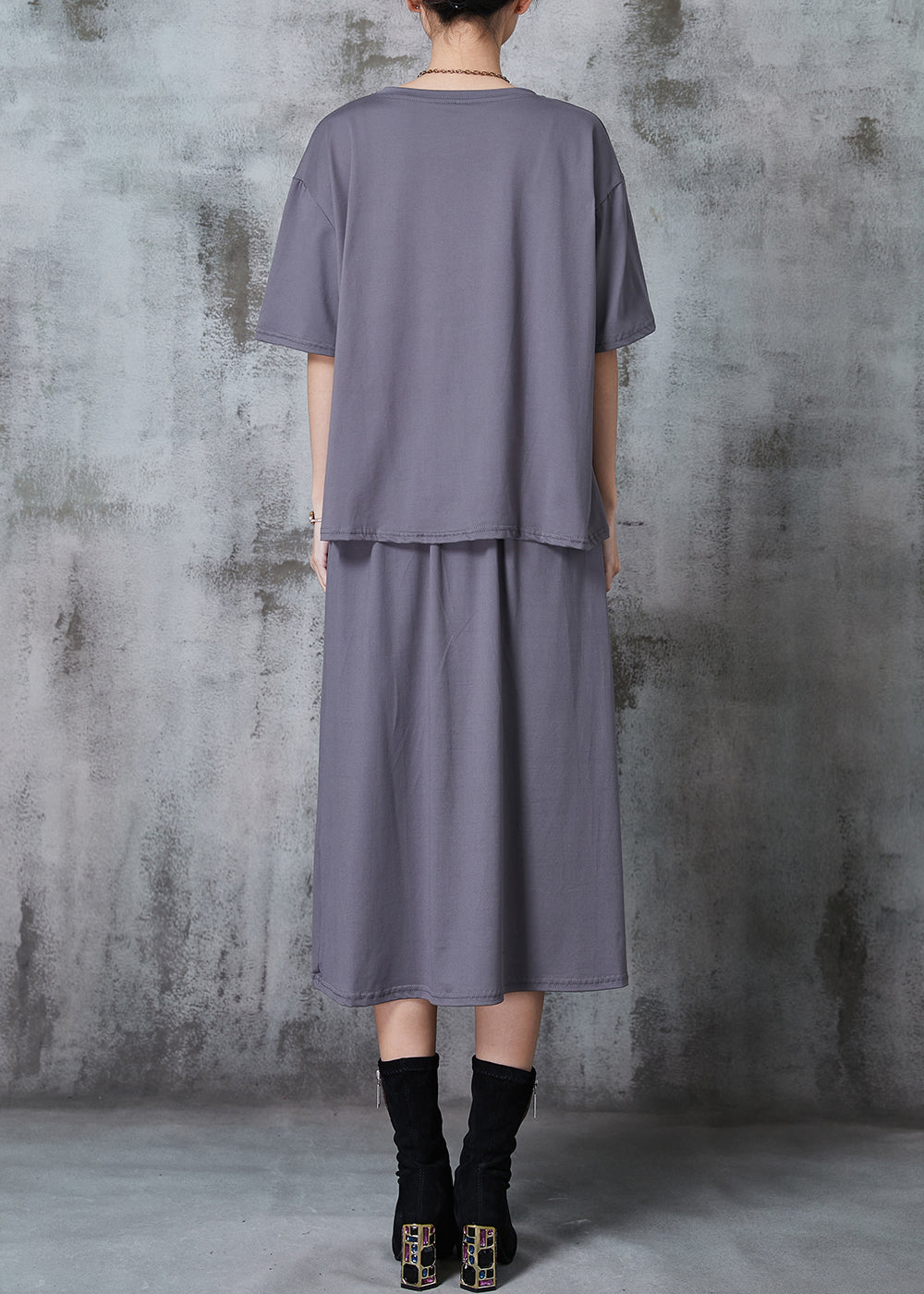 Grey Asymmetrical Side Open Cotton Two Pieces Set Summer