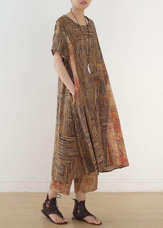 Yellow Print Patchwork Summer Linen Two Pieces Set