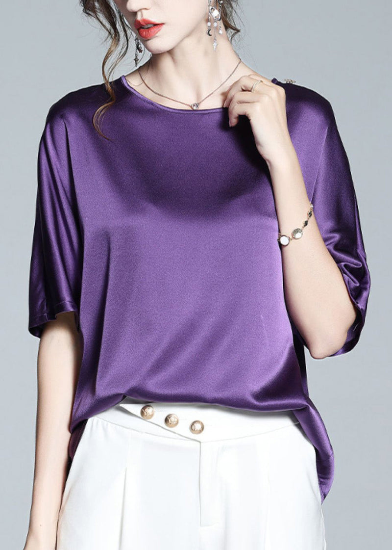 Modern Purple O-neck Silk Top Short Sleeve