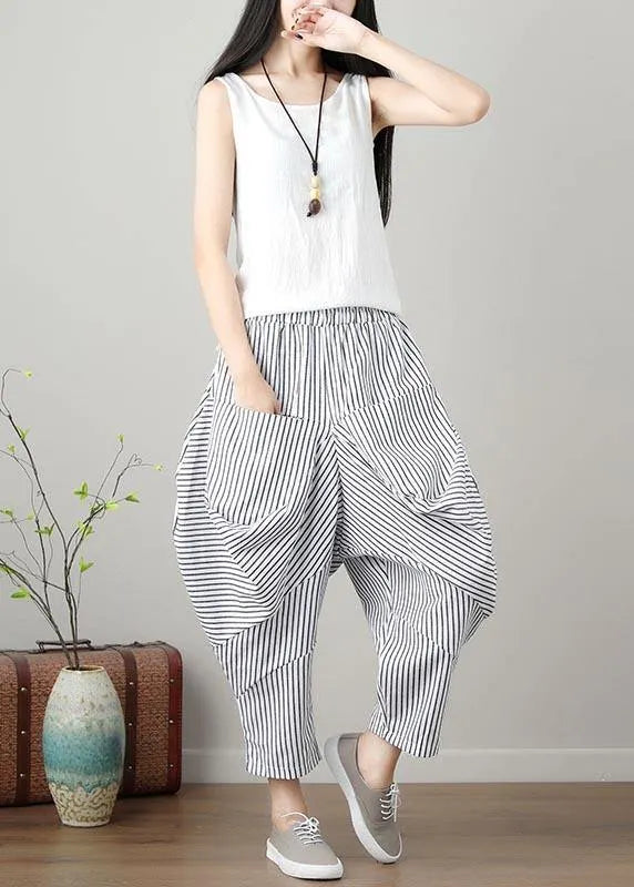 Natural Striped Drop-crotch Cotton Linen Pants Summer