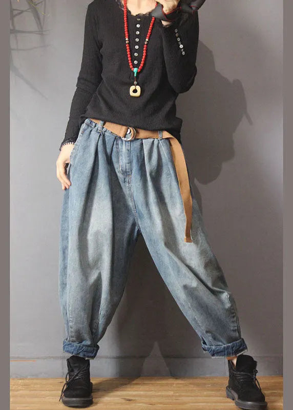 Loose Blue Retro Pockets Button Lantern Fall Denim Pants