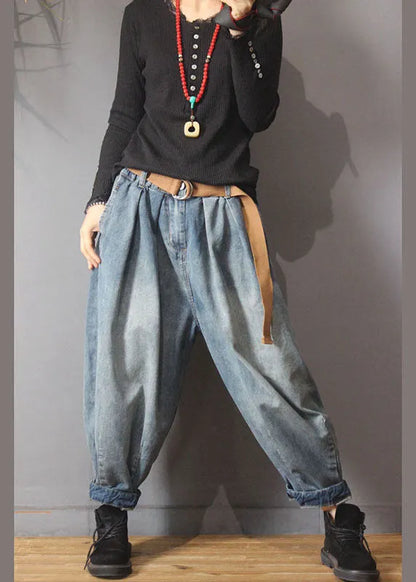 Loose Blue Retro Pockets Button Lantern Fall Denim Pants