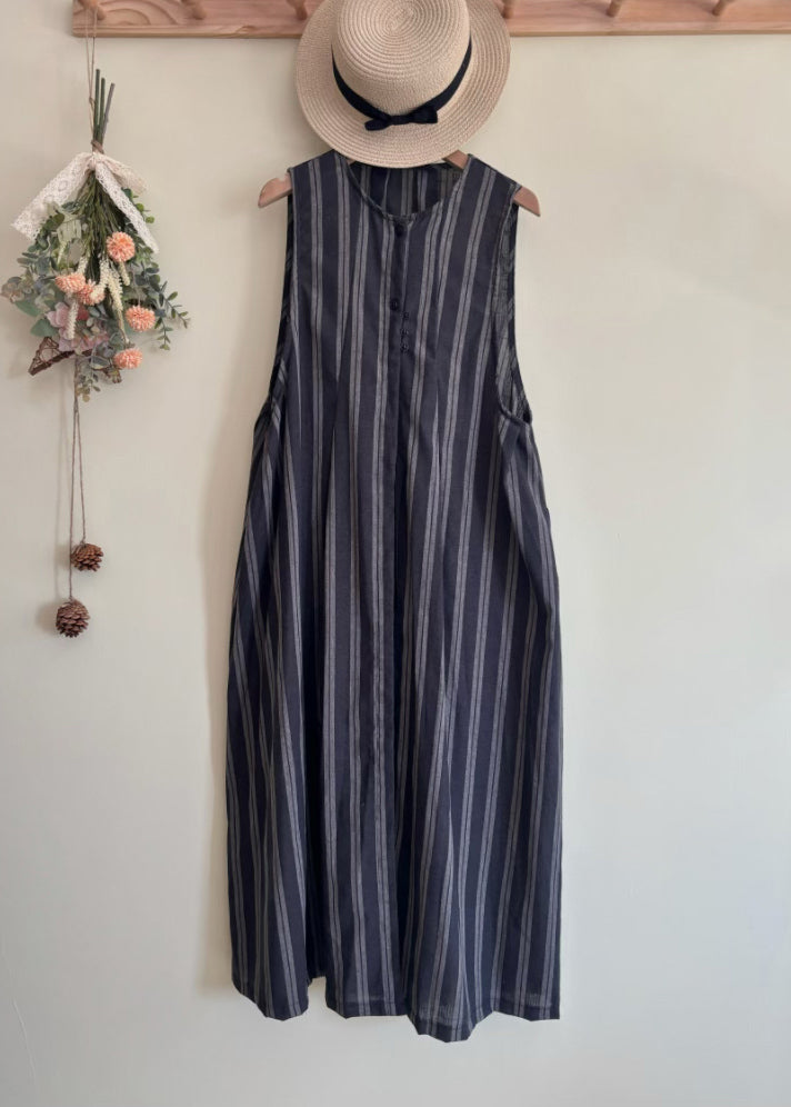 Black Striped Tie Waist Long Vest Dress Summer