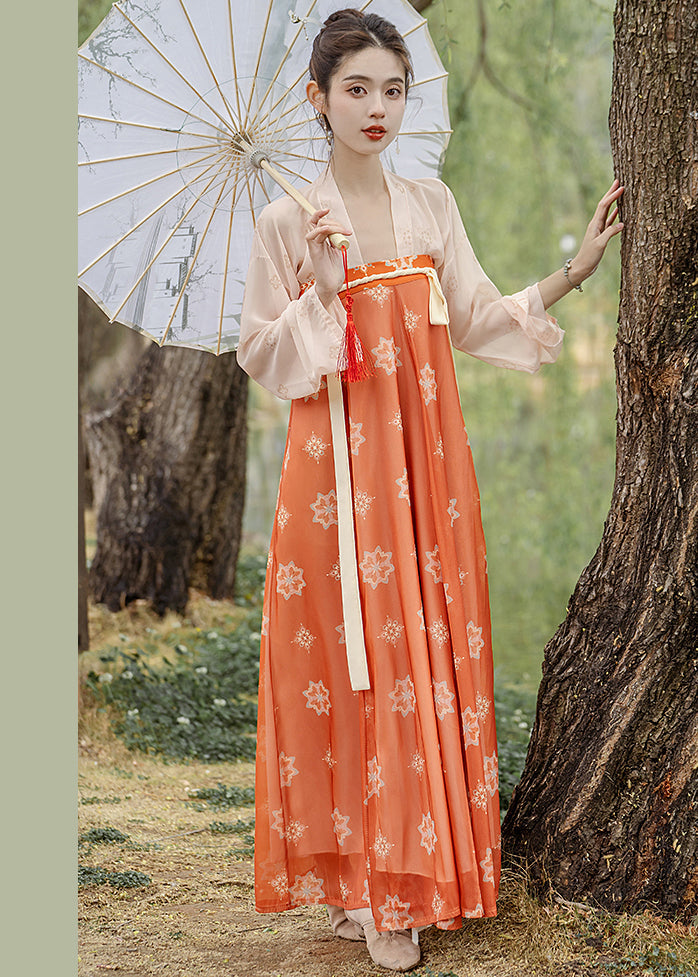 Orange Print Lace Up Wrinkled Patchwork Chiffon Two Pieces Set Fall