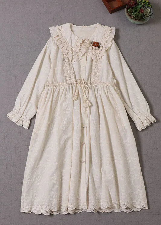 Natural Apricot Tasseled Drawstring Cotton Vacation Dresses Long Sleeve