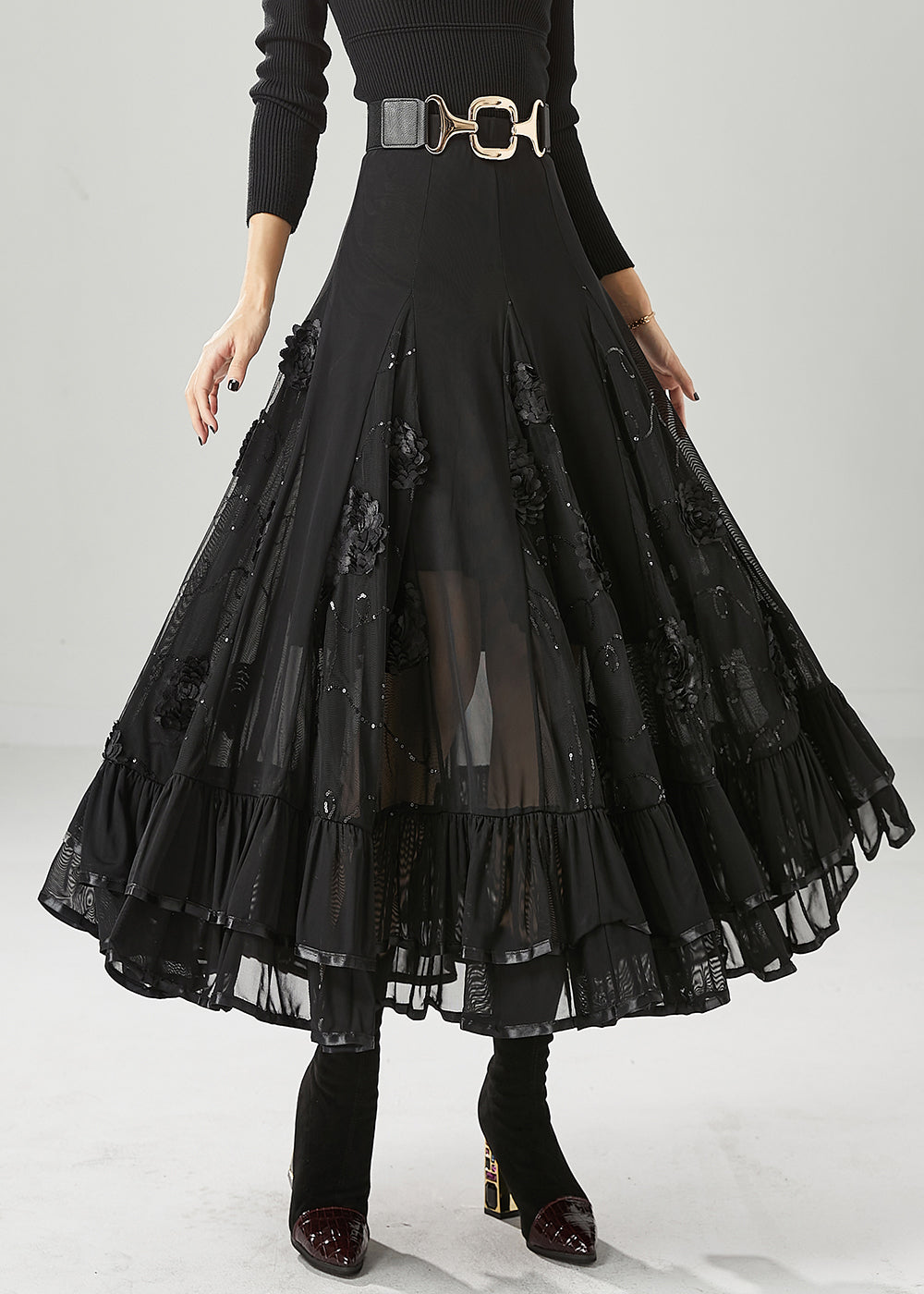 Italian Black Stereoscopic Chiffon a Line Skirt Fall