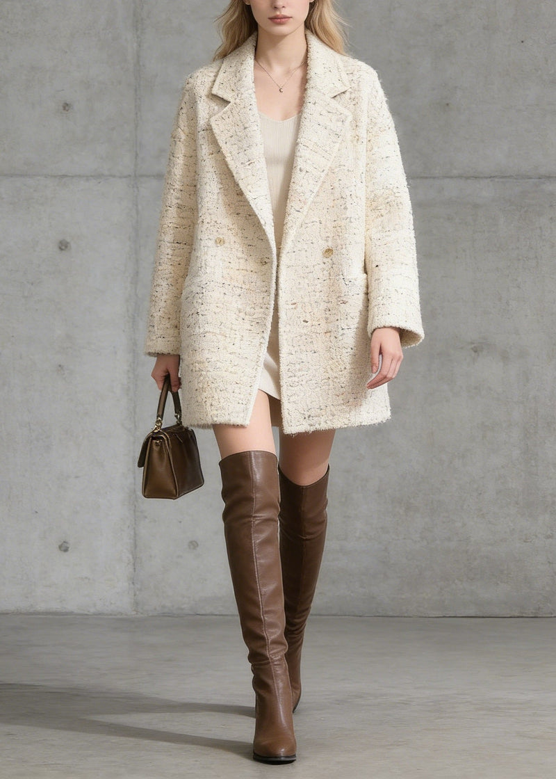 French Beige Peter Pan Collar Pockets Woolen Coat Spring