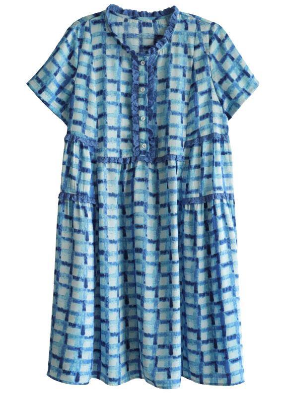 Unique Blue Plaid O-neck a Line Summer Chiffon Dress Short Sleeve