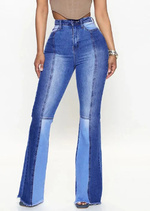 French Blue Pockets Patchwork Denim Flared Trousers Summer