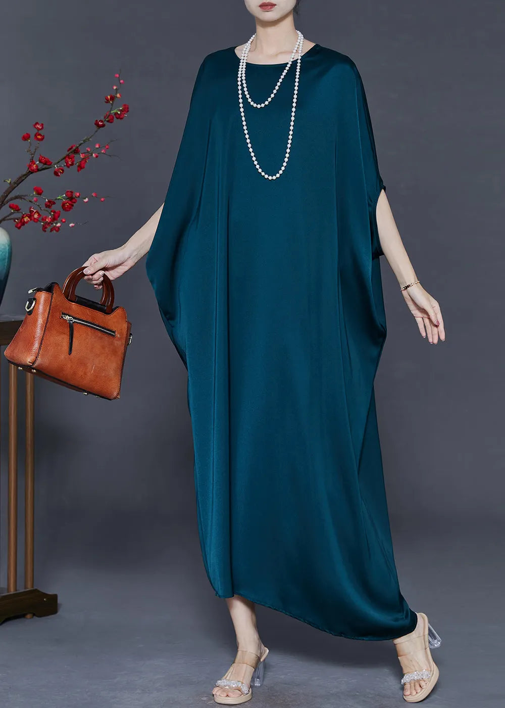 Peacock Blue Oversized Silk Party Dress Batwing Sleeve
