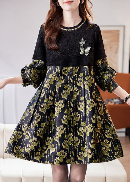 Jacquard Black Hollow Out Sequins Patchwork Mid Dress Fall