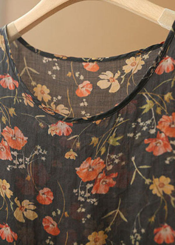 Boutique Black O-neck Print Wrinkled Patchwork Linen Vacation Long Dress Short Sleeve