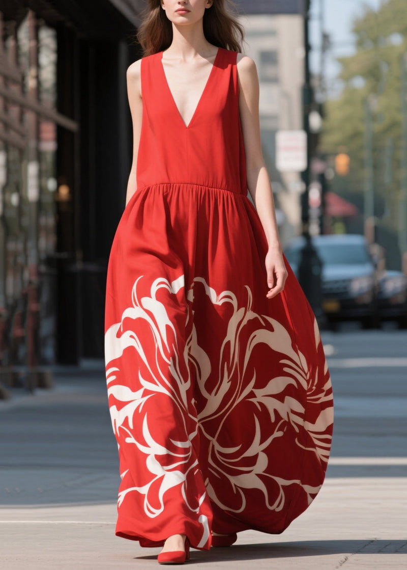 Red Print Chiffon Beach Dress Summer