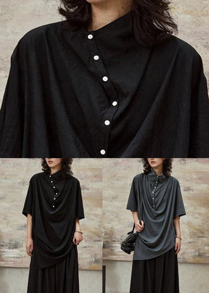 Black Stand Collar Button Cotton Blouses Half Sleeve