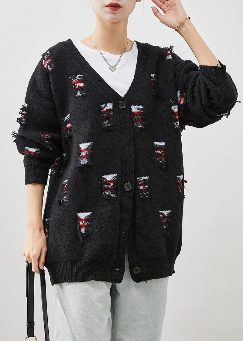Black Oversized Ripped Thick Knit Coat Spring