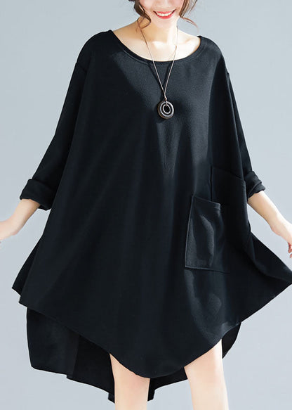 Black Asymmetrical Patchwork Applique Cotton Long Tops Spring