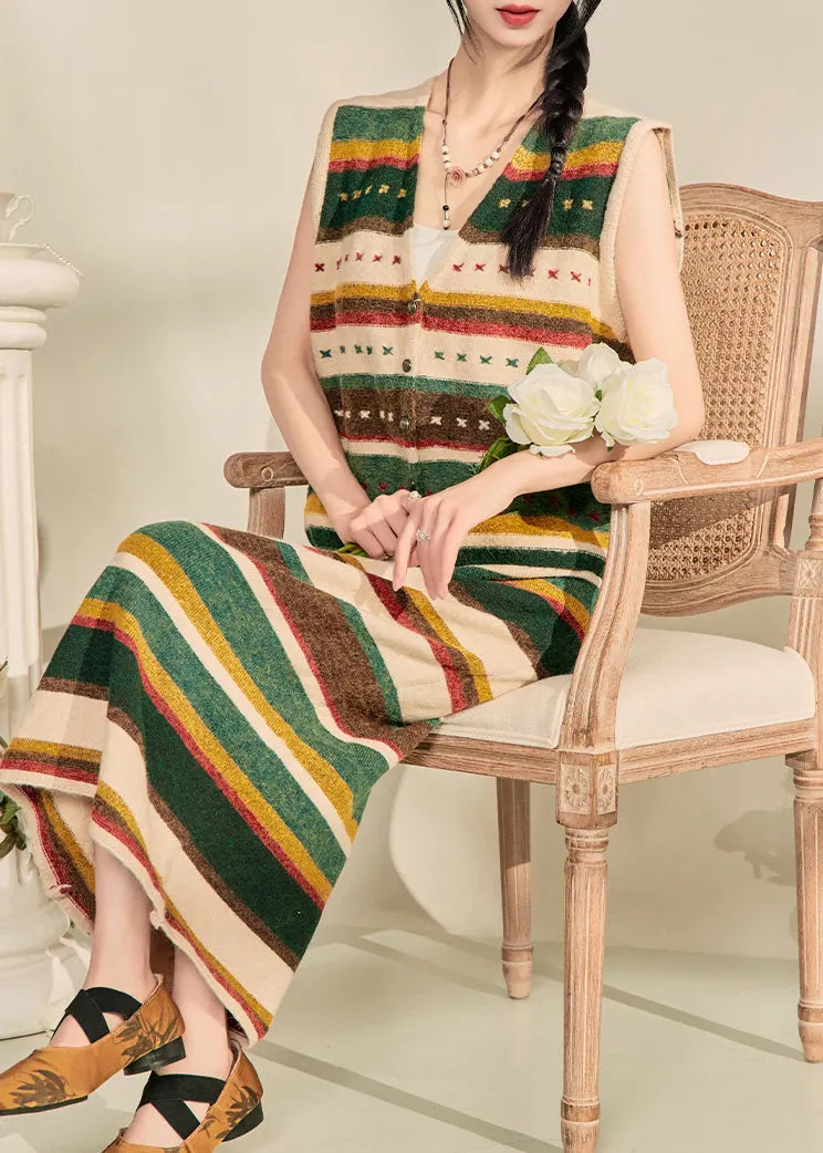 Colorblock V Neck Striped Knit Waistcoat and Maxi Skirts Two Piece Set Sleeveless