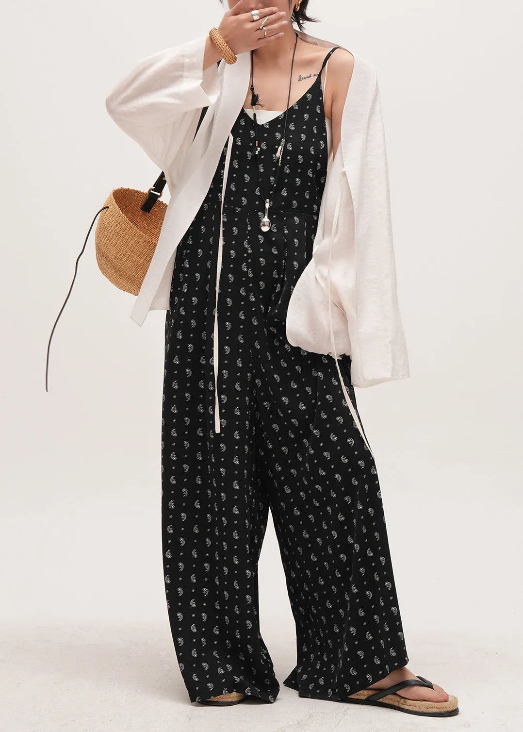 Black Oversized Print Cotton Overalls Jumpsuit Summer