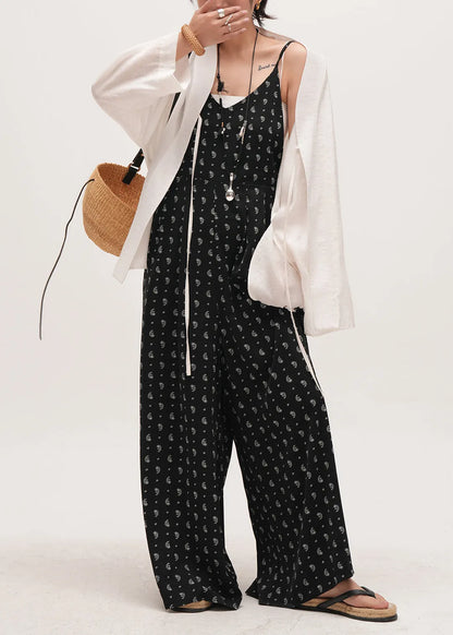 Black Oversized Print Cotton Overalls Jumpsuit Summer