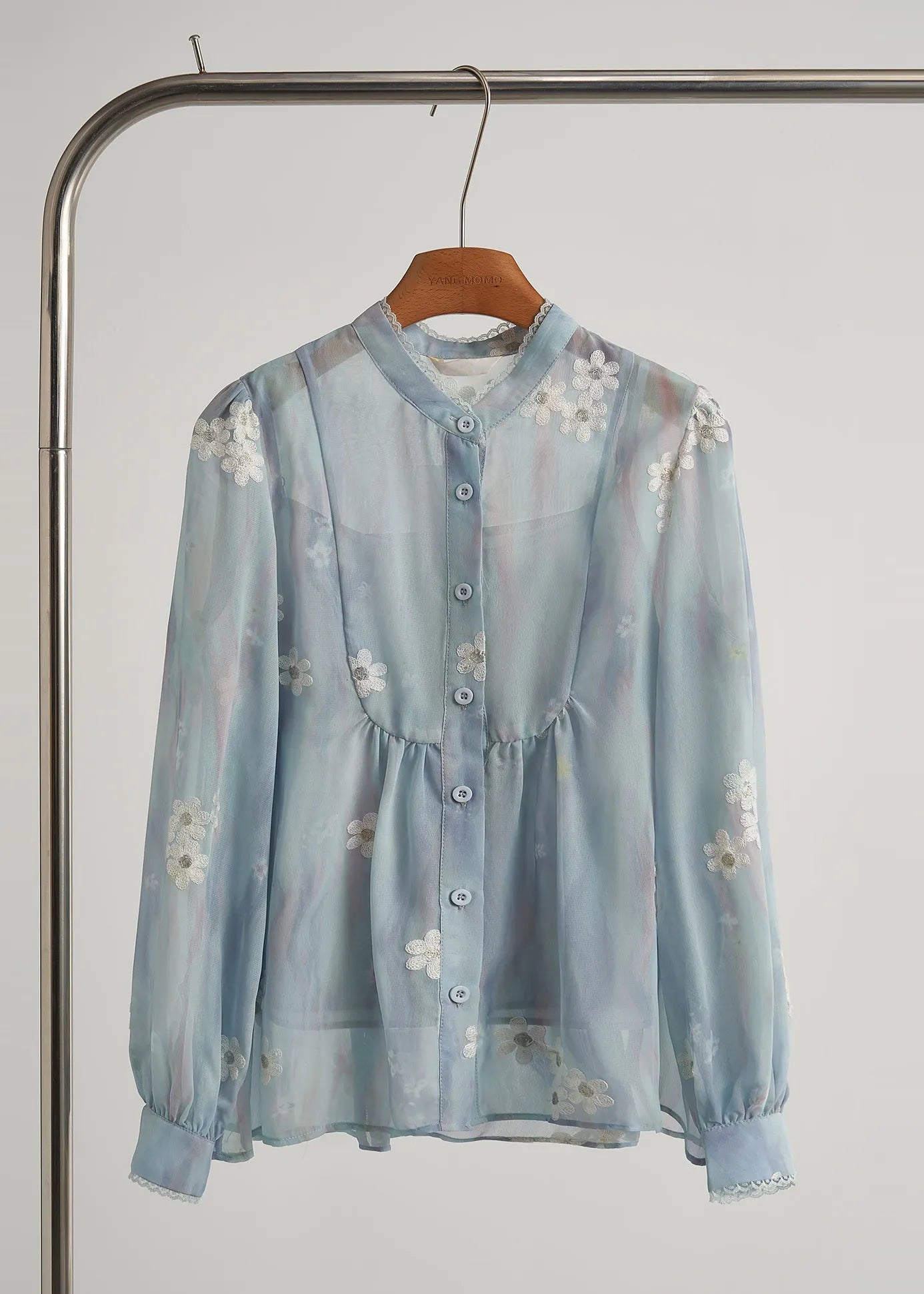 Modern Sky Blue Embroidered Chiffon Two Piece Suit Set Fall