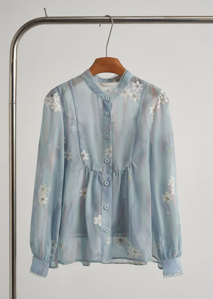 Modern Sky Blue Embroidered Chiffon Two Piece Suit Set Fall