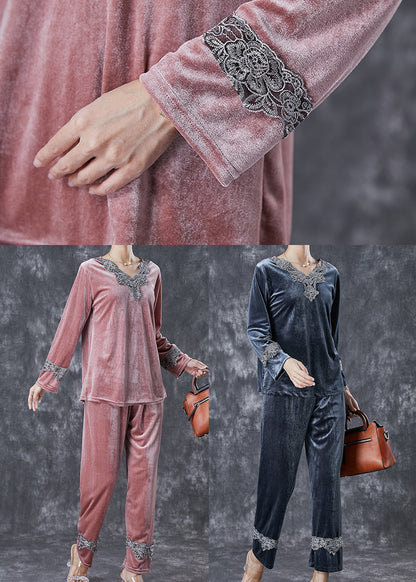 Brick Red Patchwork Lace Silk Velour Two Pieces Set V Neck Fall