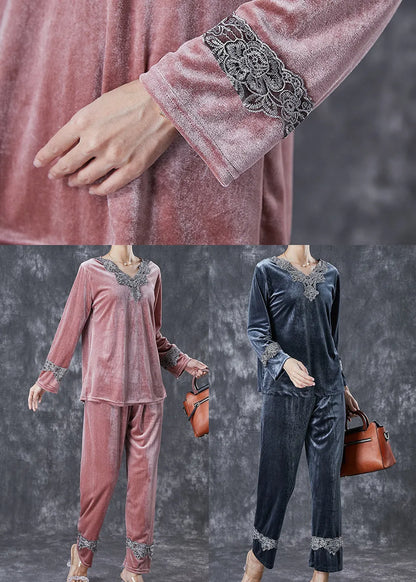 Brick Red Patchwork Lace Silk Velour Two Pieces Set V Neck Fall