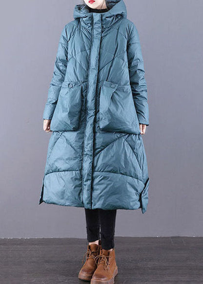 Blue-green Hooded Zippered Oversized Thick Cotton Blend Puffers Jackets Winter