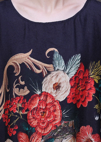 Loose Black O-neck Tassel Print Silk Long Dress Gown Batwing Sleeve