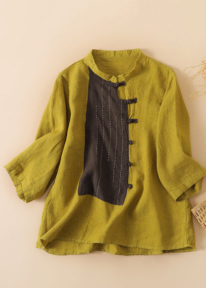 Yellow Stand Collar Patchwork Button Linen Top Bracelet Sleeve