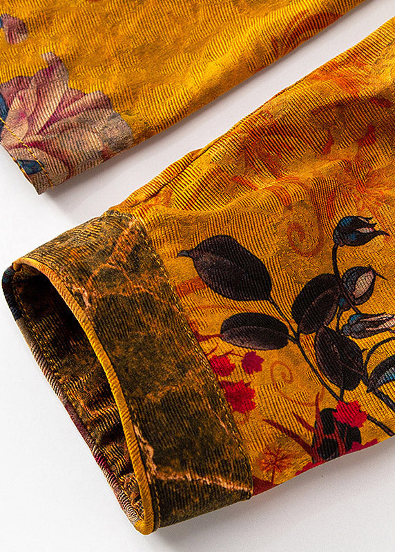 Oriental Yellow Stand Collar Button Silk Shirt Tops Long Sleeve