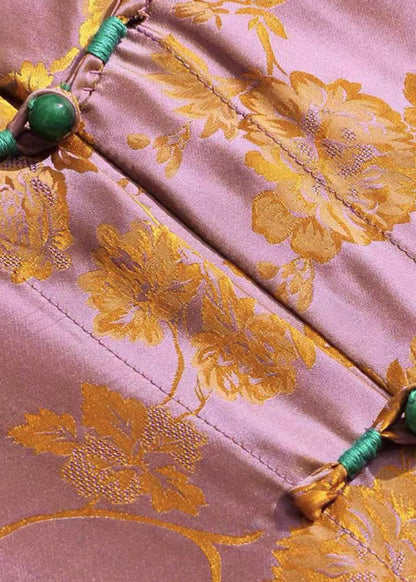 Diy Orange Stand Collar Jacquard Oriental Button Silk Shirt Tops Long Sleeve