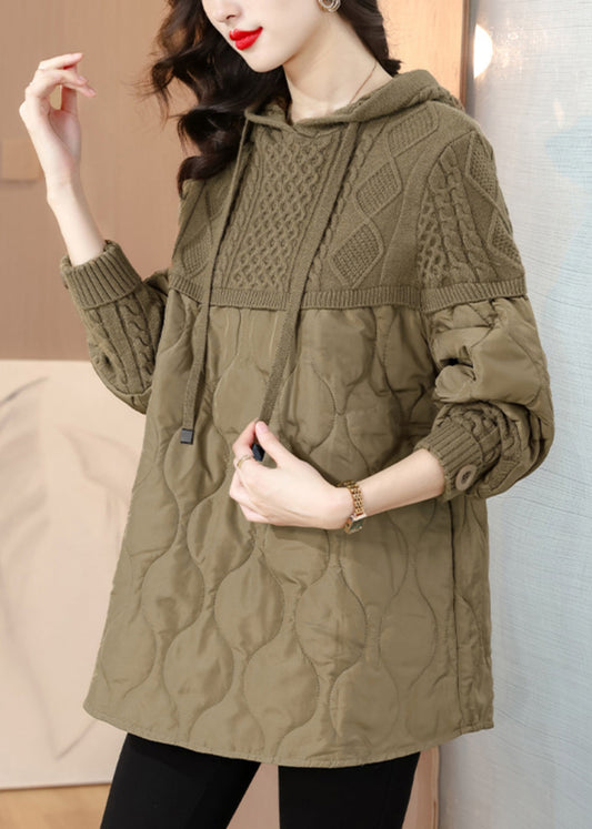 Khaki Hooded Knit Patchwork Thick Tops Long Sleeve