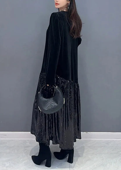 Black Wrinkled Patchwork Silk Velour Dresses O Neck Spring