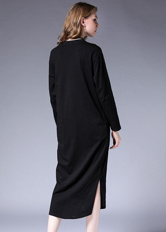 Black Wrinkled Asymmetrical Design Side Open Long Dresses Fall