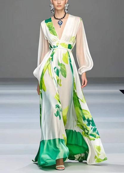 White Print Exra Large Hem Silk Robe Dresses Spring