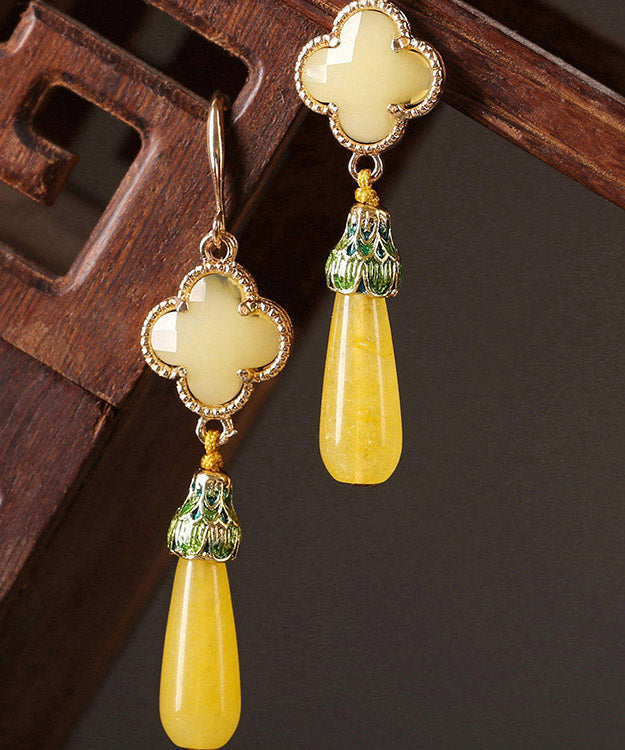 Diy Yellow Copper Jade Coloured Glaze Cloisonne Clover Drop Earrings