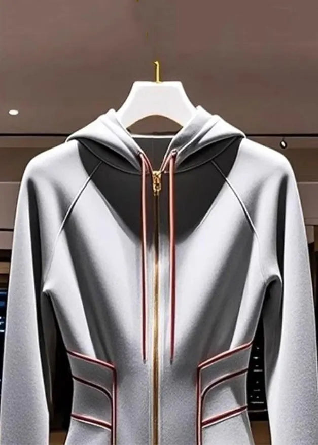 Slim Fit Grey Hooded Zippered Cotton Coat Fall