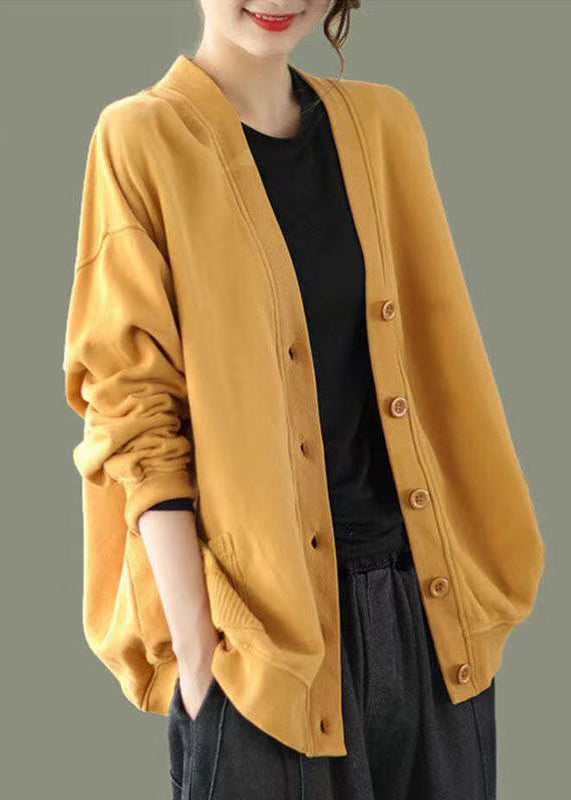 Yellow V Neck Button Patchwork Warm Fleece Sweatshirt Coat Fall