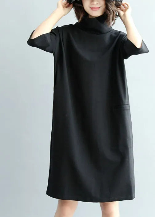 Black Cotton Dress High Neck Half Sleeve