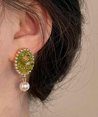 Green Sterling Silver Rose Pearl Drop Earrings