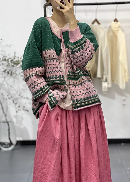 Green O Neck Embroidered Button Knit Cardigans Fall
