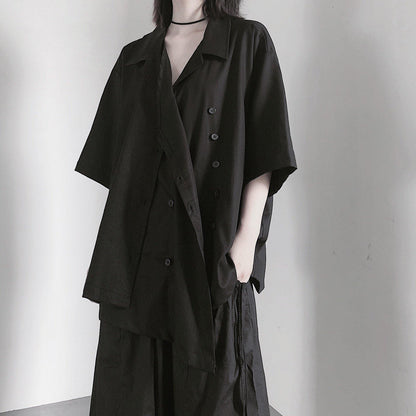 Notched Patchwork Tunic Shape Black Blouses