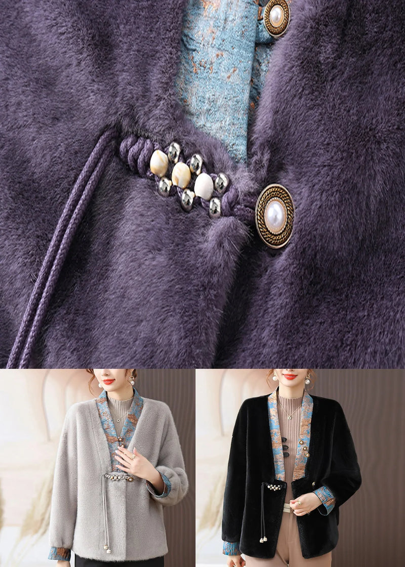 Black V Neck Pockets Patchwork Mink Hair Coats Fall