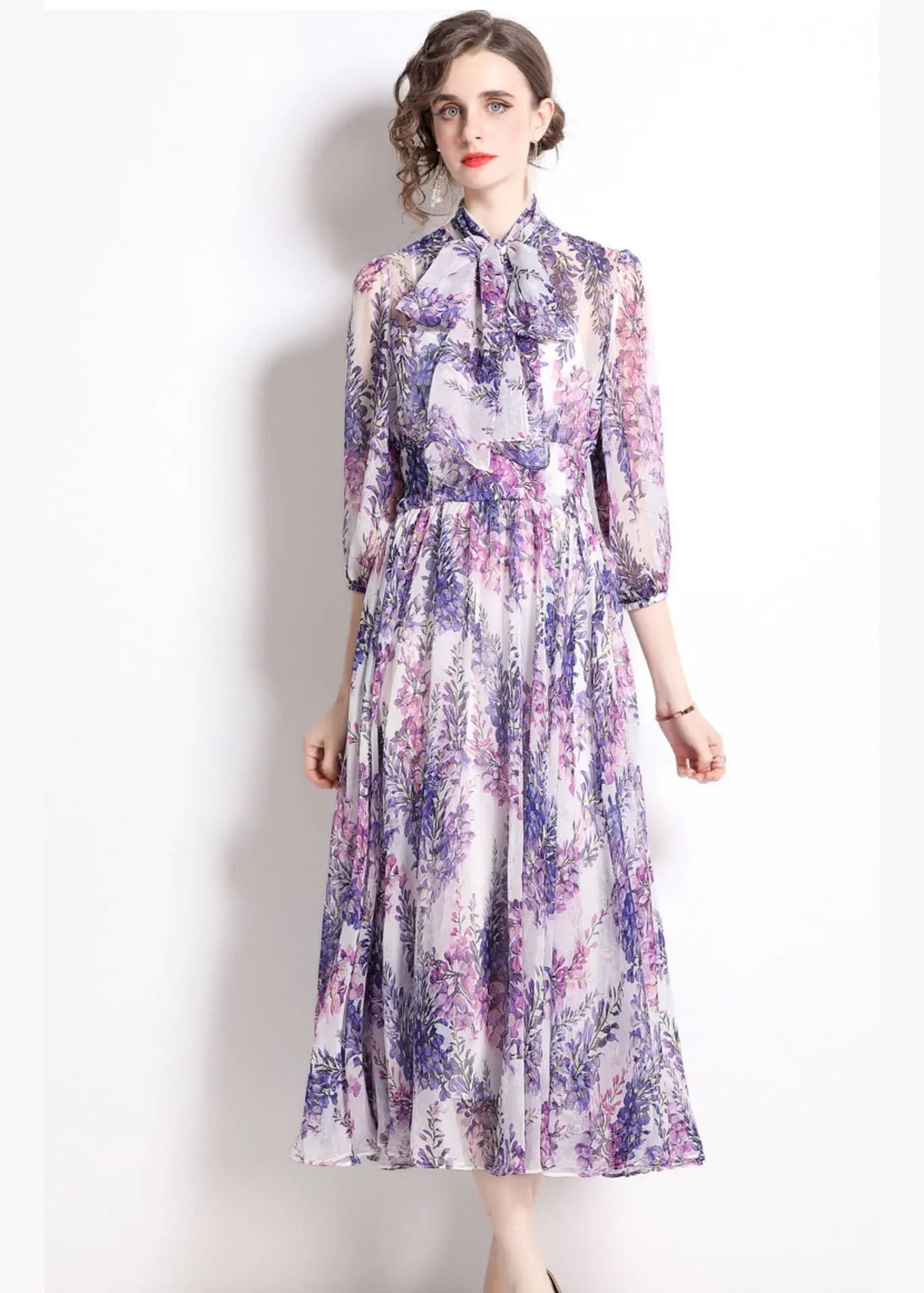 Purple Stand Collar Print Chiffon Long Dress Bracelet Sleeve