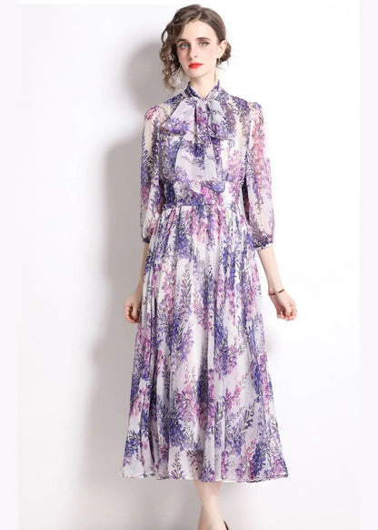 Purple Stand Collar Print Chiffon Long Dress Bracelet Sleeve