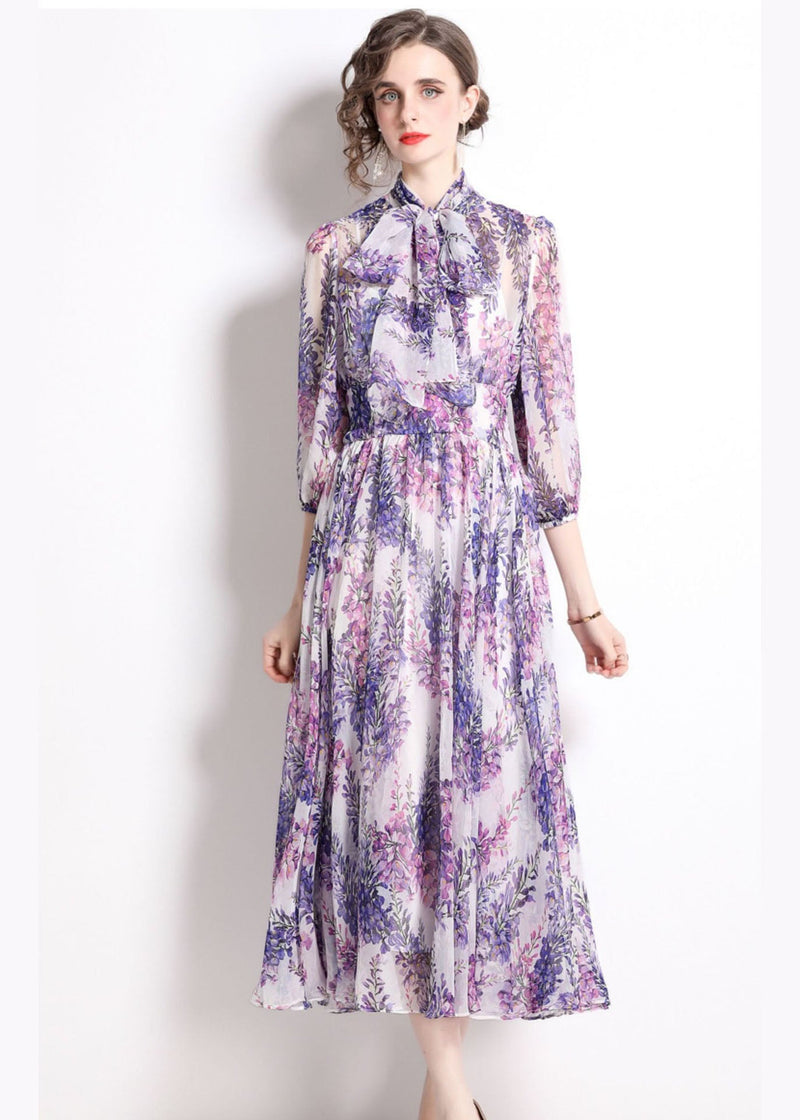 Purple Stand Collar Print Chiffon Long Dress Bracelet Sleeve