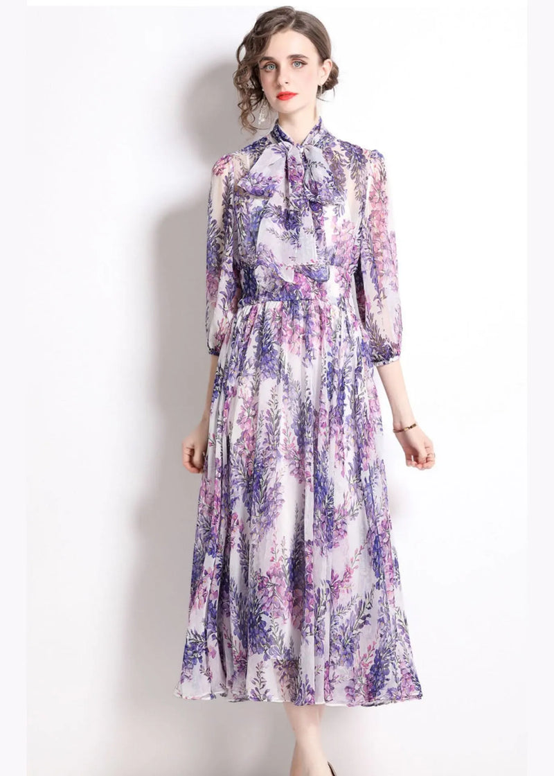 Purple Stand Collar Print Chiffon Long Dress Bracelet Sleeve